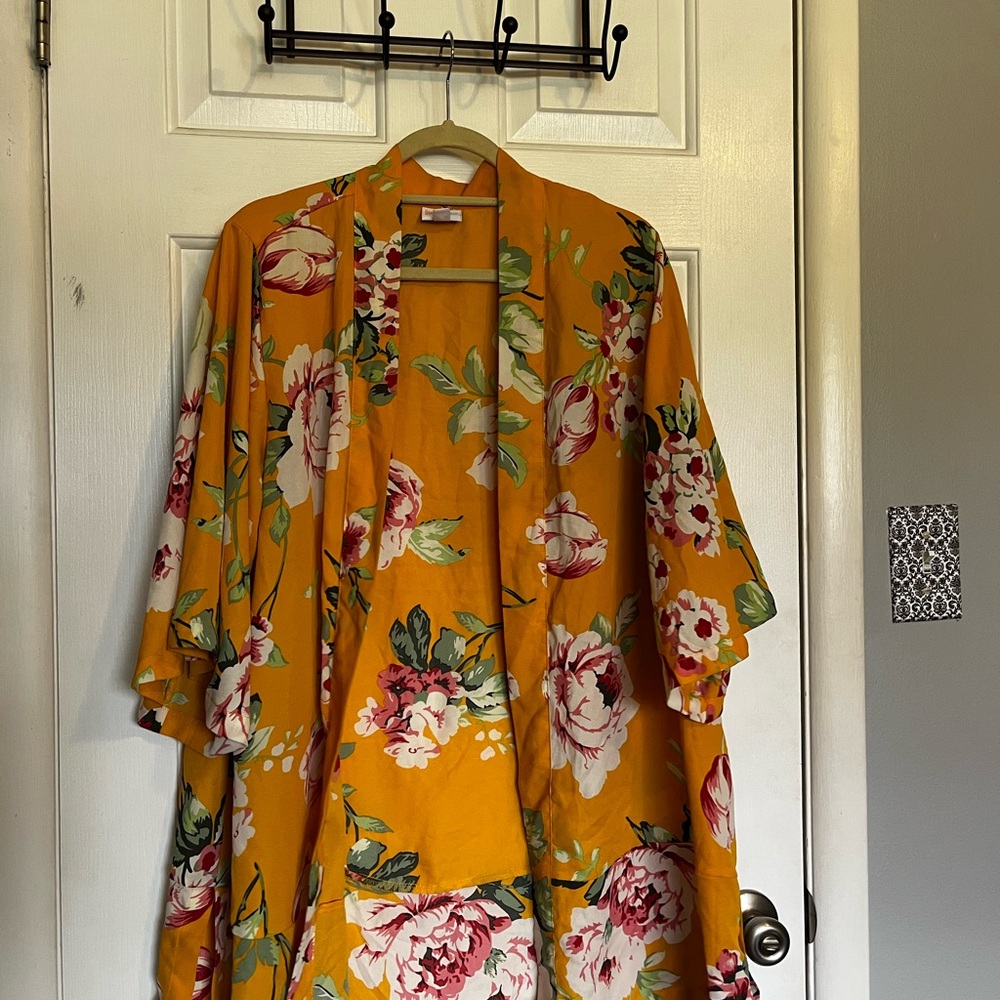 LuLaRoe Floral Kimono with Deep Mustard and Green Floral Design